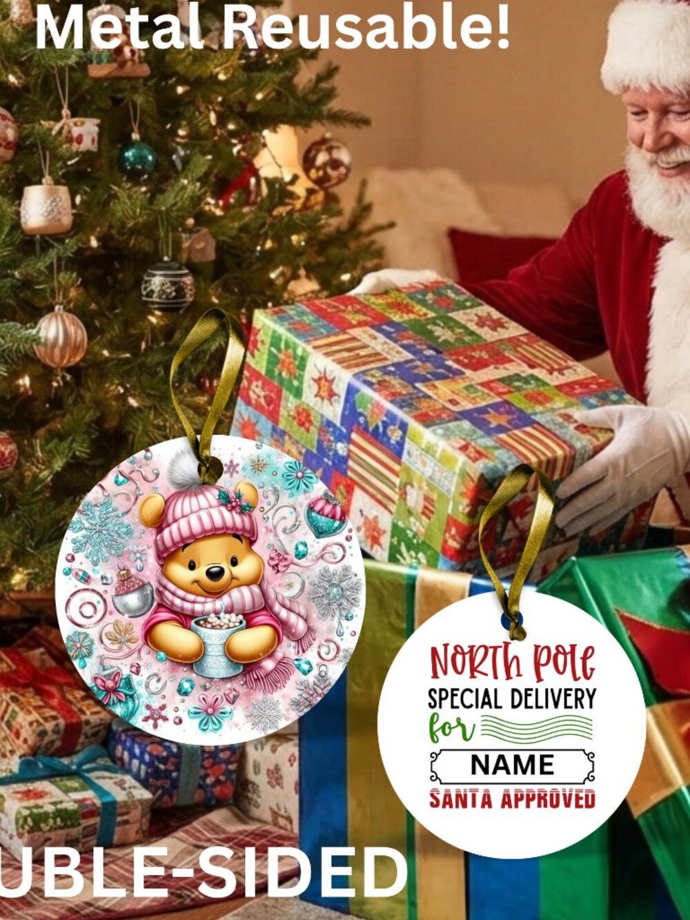Santa Reusable Metal Christmas Tag Personalized. Winnie the Pooh